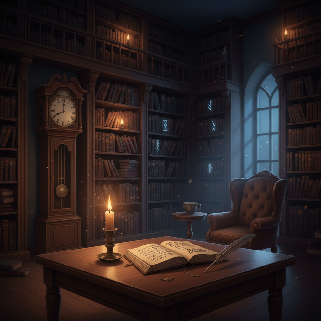 The Haunted Library — a candlelit reading room with old books and mysteries